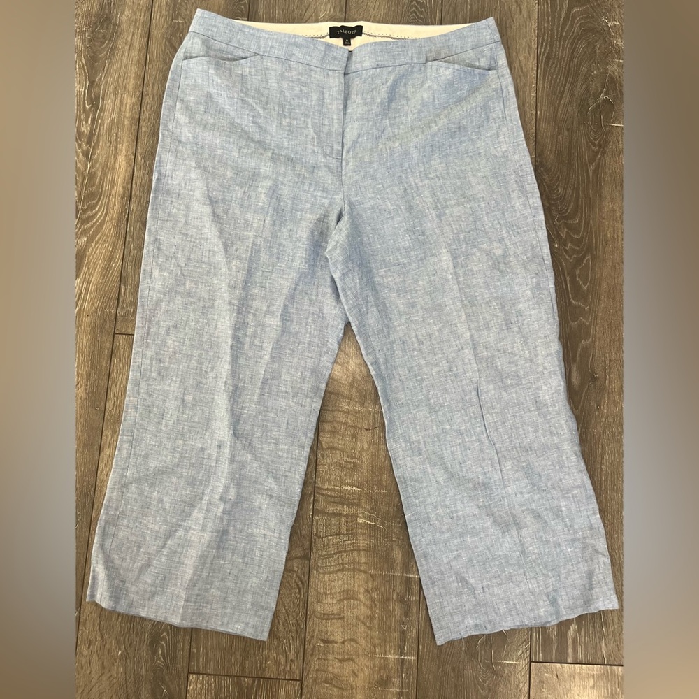 Talbots 100% Blue Linen Cropped Pants Womens Sz 16 Work Pants Pockets High Rise